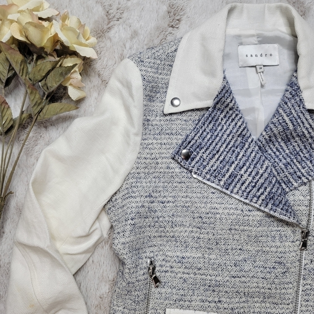 Sandro Paris‎ Vernis Tweed Moto Jacket Blue White Gray Size 38 - Picture 6 of 14